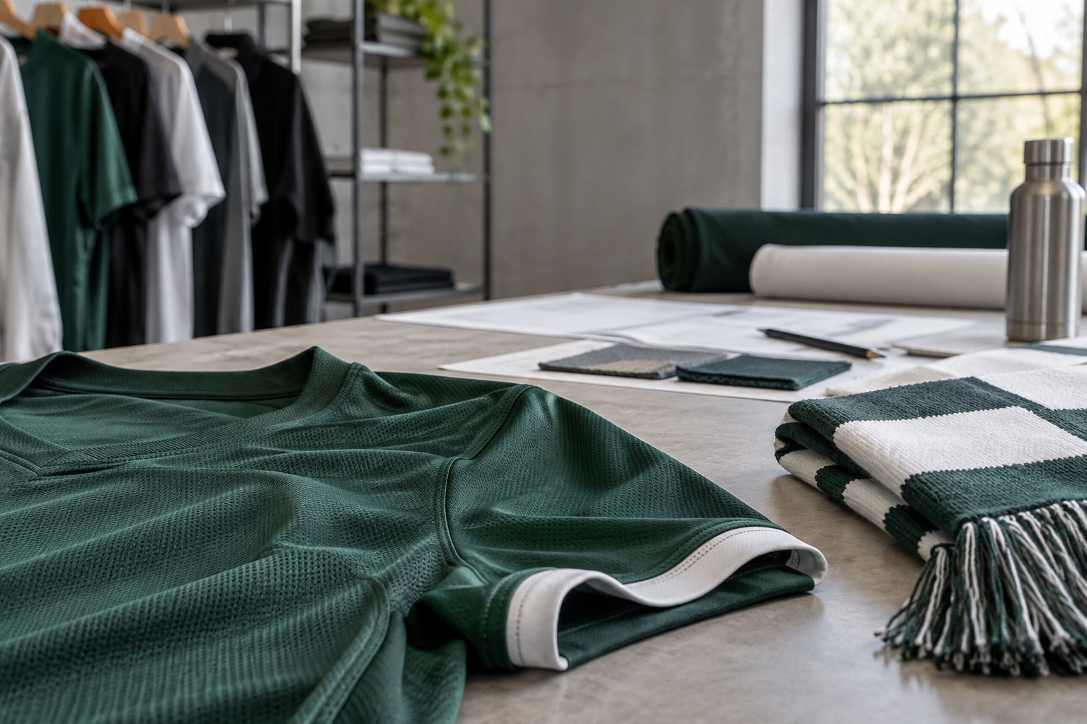 Unbranded sports jersey fabric and supporter merchandise in a restrained apparel workspace