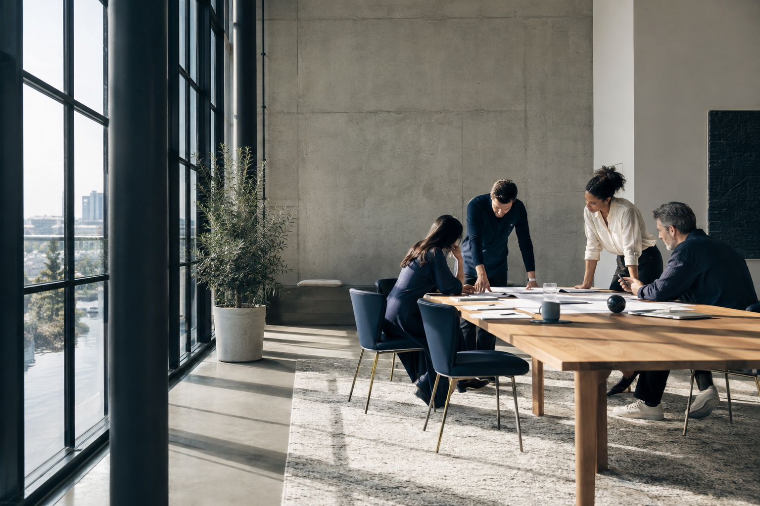 Team collaborating around a table in a contemporary workspace